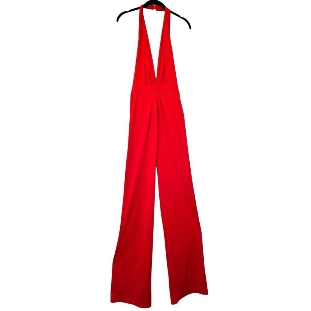 Soho Chic Open Back Deep V-neck Halter One Piece Jumpsuit Red Medium
